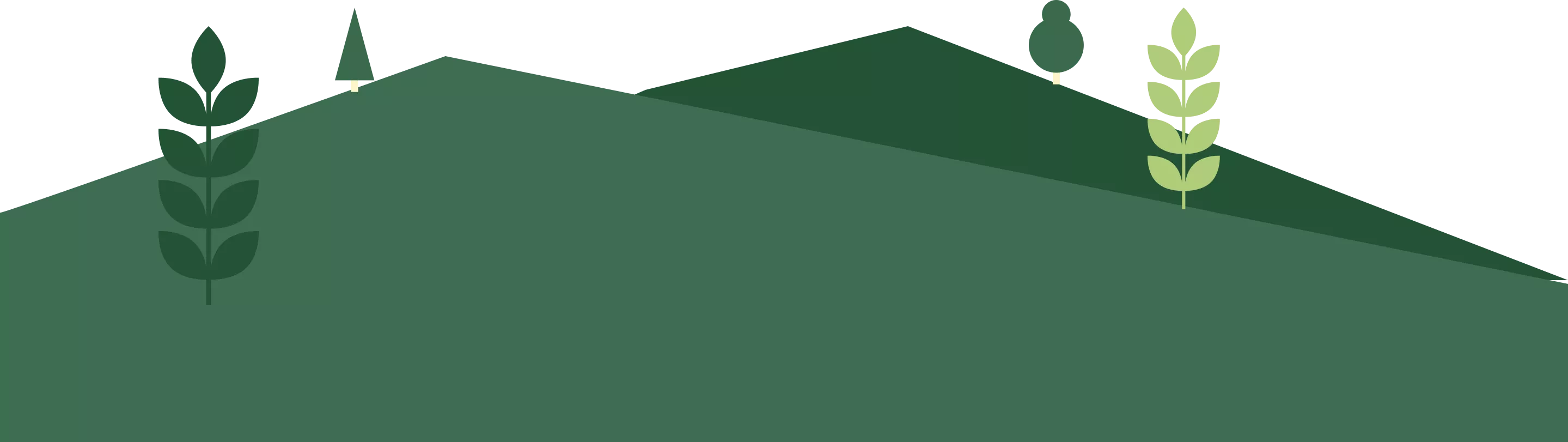 Uma ilustração minimalista de montanhas verdes, com árvores e folhagens em tons variados de verde, representando um ambiente natural e sereno.