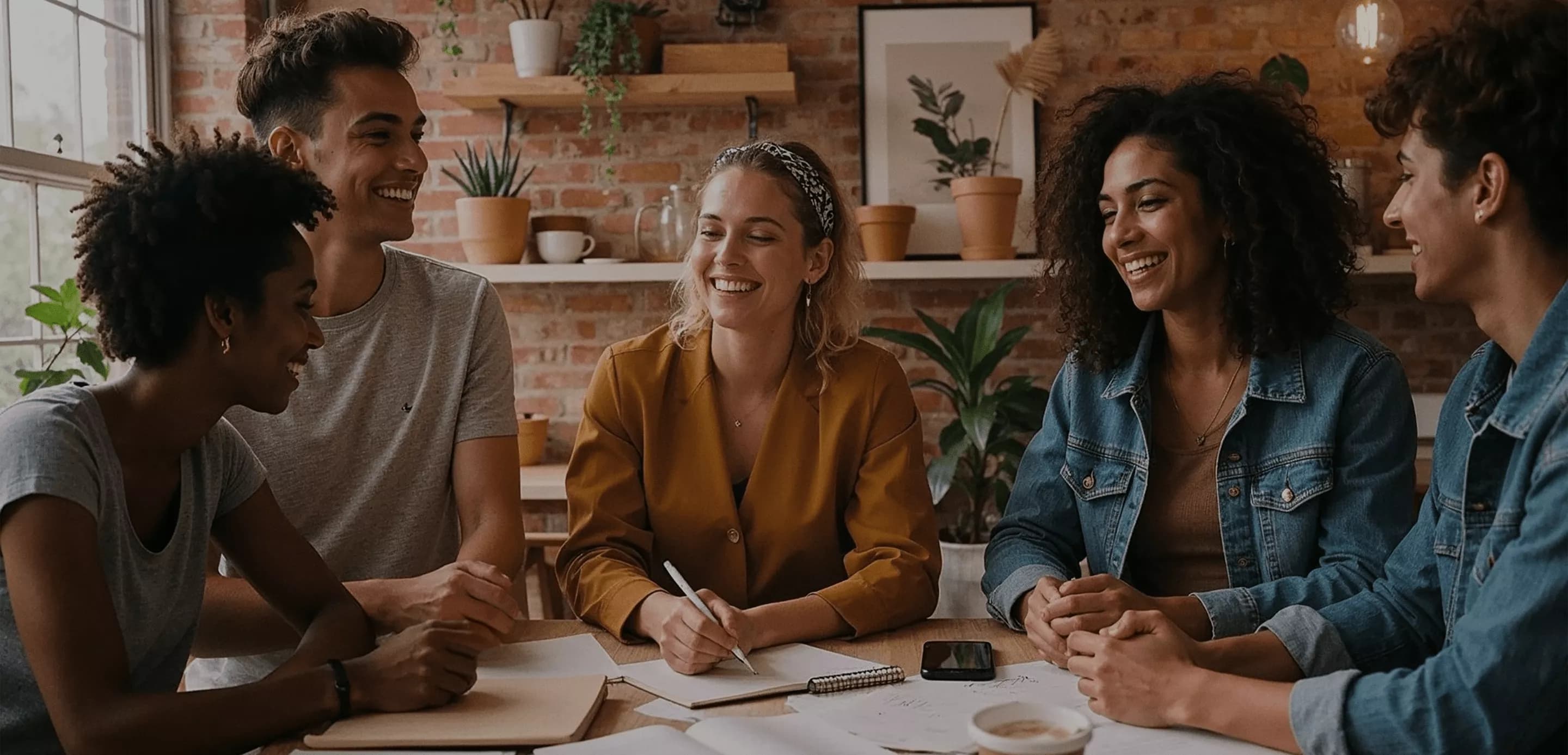 Equipe criativa em reunião descontraída, colaborando em ambiente moderno
